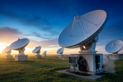 Satellite ground station dishes at dusk with fire damage at the base of one dish
