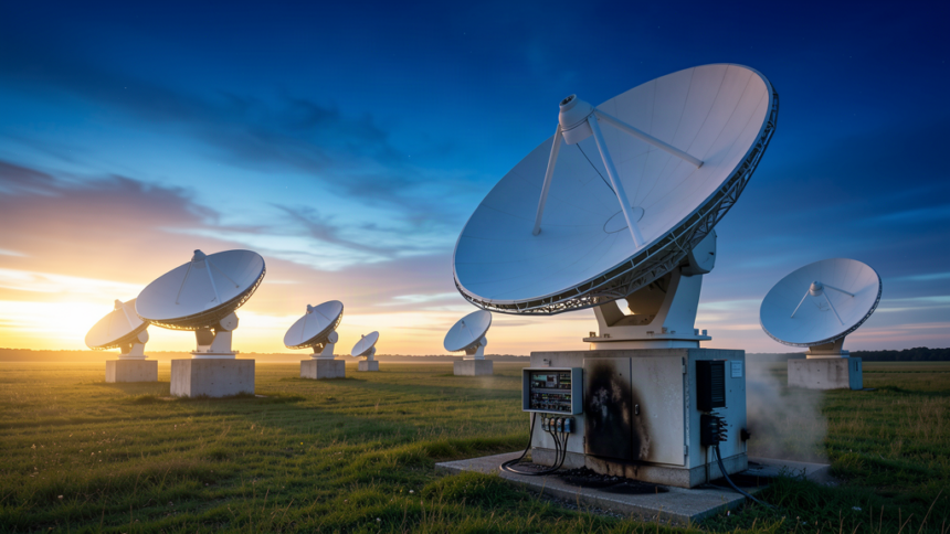 Satellite ground station dishes at dusk with fire damage at the base of one dish