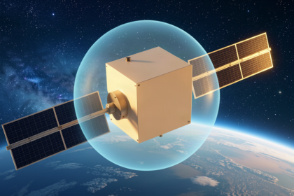 Communications satellite with blank featureless hull shielded by a translucent blue protective dome