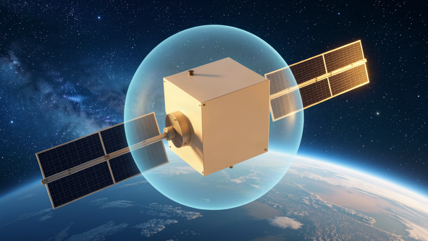 Communications satellite with blank featureless hull shielded by a translucent blue protective dome