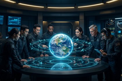 Military analysts in a dark command center studying a holographic Earth with orbital rings