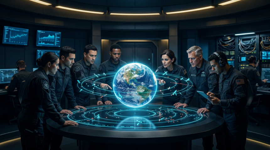 Military analysts in a dark command center studying a holographic Earth with orbital rings