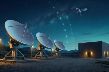 Three large parabolic antenna dishes at a satellite ground station at dusk, with a cyan network lattice rising to a satellite overhead