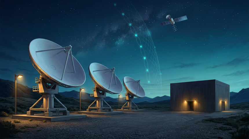 Three large parabolic antenna dishes at a satellite ground station at dusk, with a cyan network lattice rising to a satellite overhead