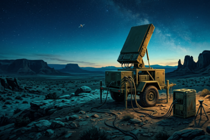 A trailer-mounted satellite jamming terminal on a desert plateau at blue hour, its phased-array panel pointed at the sky