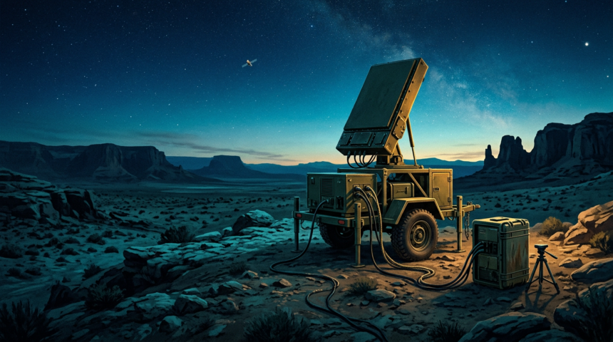 A trailer-mounted satellite jamming terminal on a desert plateau at blue hour, its phased-array panel pointed at the sky