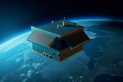 A compact satellite communications terminal with phased-array panels above the curve of Earth