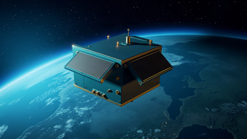 A compact satellite communications terminal with phased-array panels above the curve of Earth