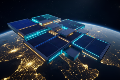Orbital data center modules with radiator panels drifting above a night side Earth