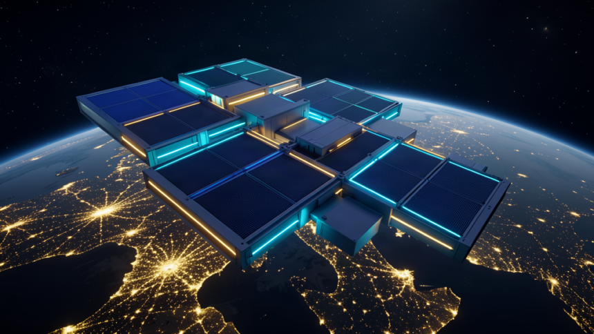 Orbital data center modules with radiator panels drifting above a night side Earth