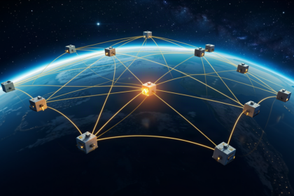 A mesh of small satellites linked by gold beams with one anomalous node highlighted