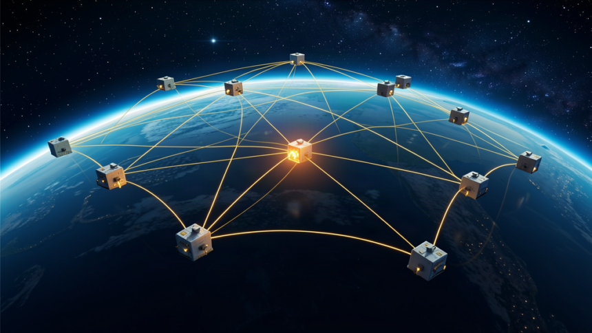 A mesh of small satellites linked by gold beams with one anomalous node highlighted