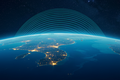 An orbital night view of the Korean peninsula with interference waves above the north