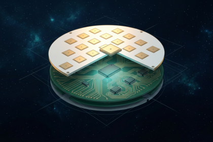 Exploded view of an anti-jam navigation antenna array module showing a sixteen-element patch grid above a circuit board with logic chips and gold traces