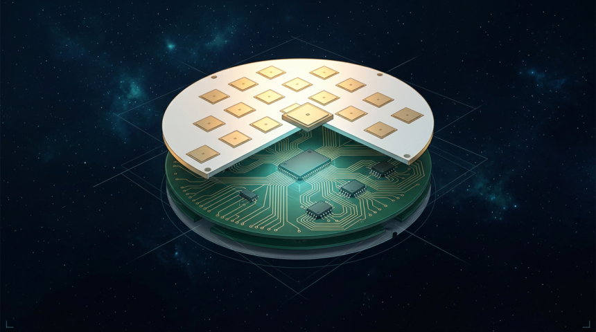 Exploded view of an anti-jam navigation antenna array module showing a sixteen-element patch grid above a circuit board with logic chips and gold traces